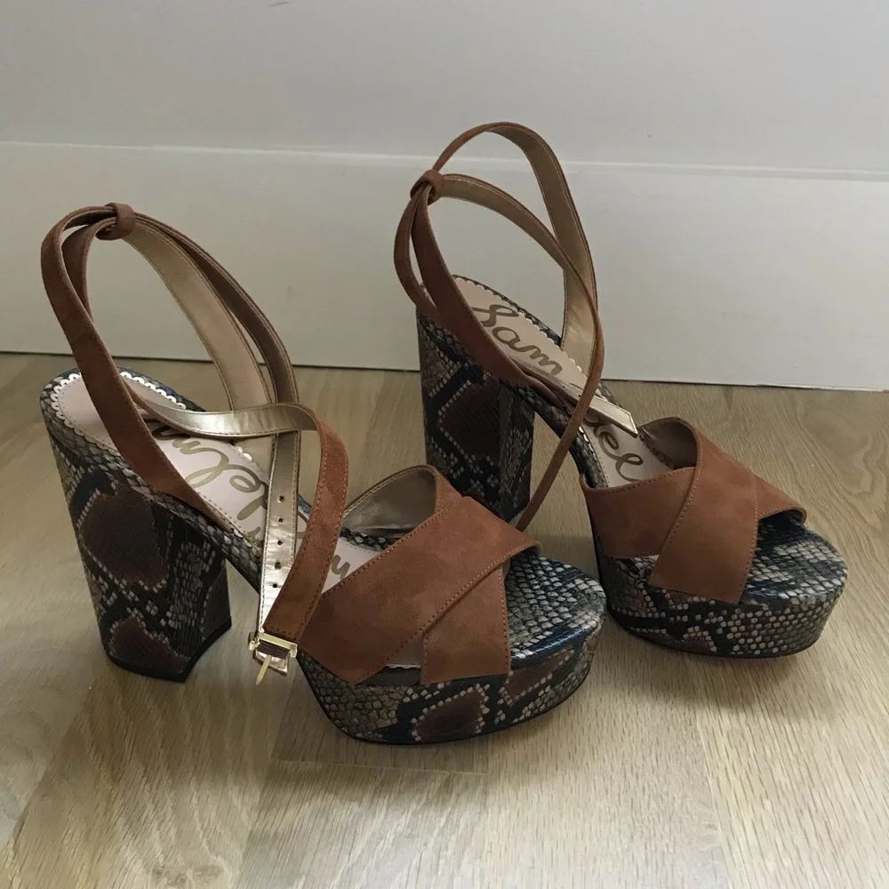 Sam Edelman Brown Suede Platform Sandals with Snakeskin Heel